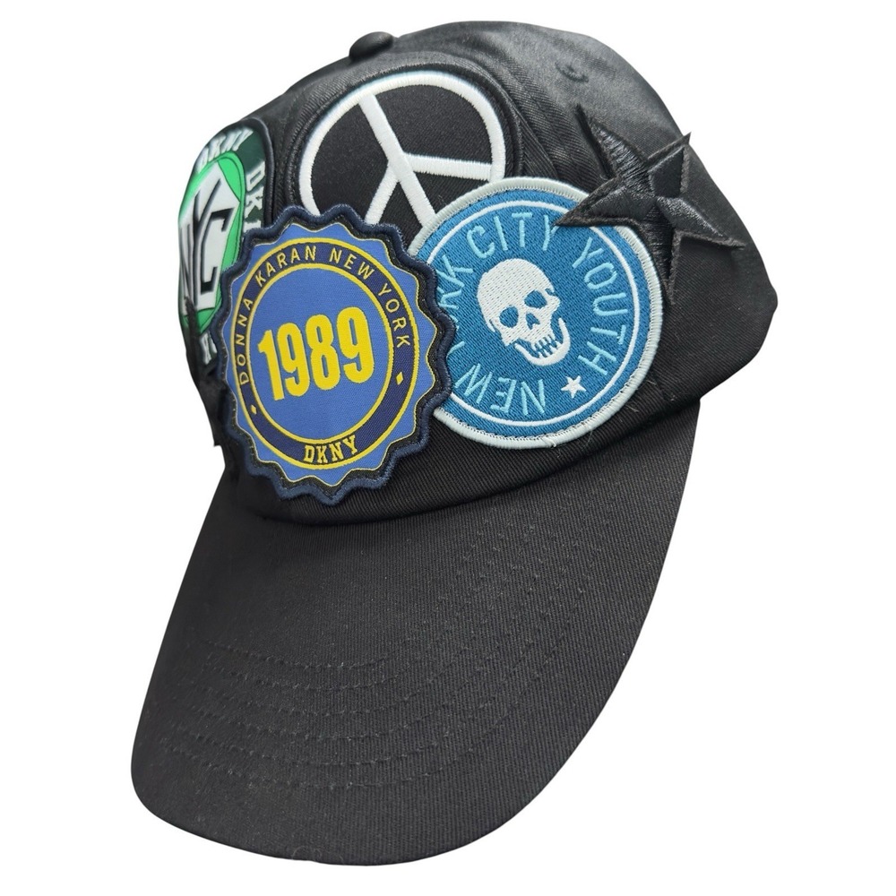 DKNY Donna Karen Patches 1989 Peace Skull Star New York City Strapback Black Hat - Picture 7 of 9